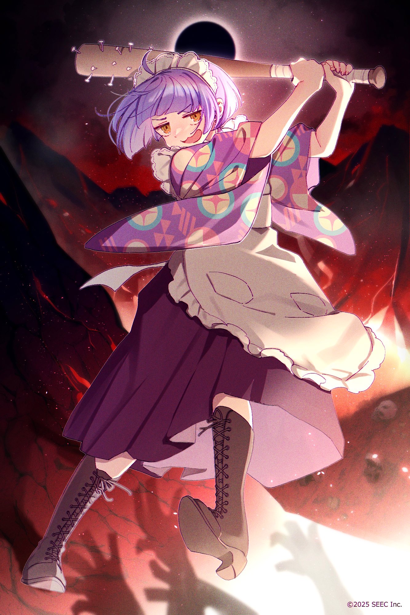 ametomea, tsukahara neko, tasokare hotel, commentary request, highres, 1girl, :d, ahoge, apron, baseball bat, boots, brown boots, brown eyes, hell, holding, holding baseball bat, japanese clothes, kimono, knee boots, maid, maid apron, maid headdress, nail (hardware), nail bat, open mouth, purple hair, purple kimono, red sky, short hair, sky, smile, solo, wa maid, wide sleeves