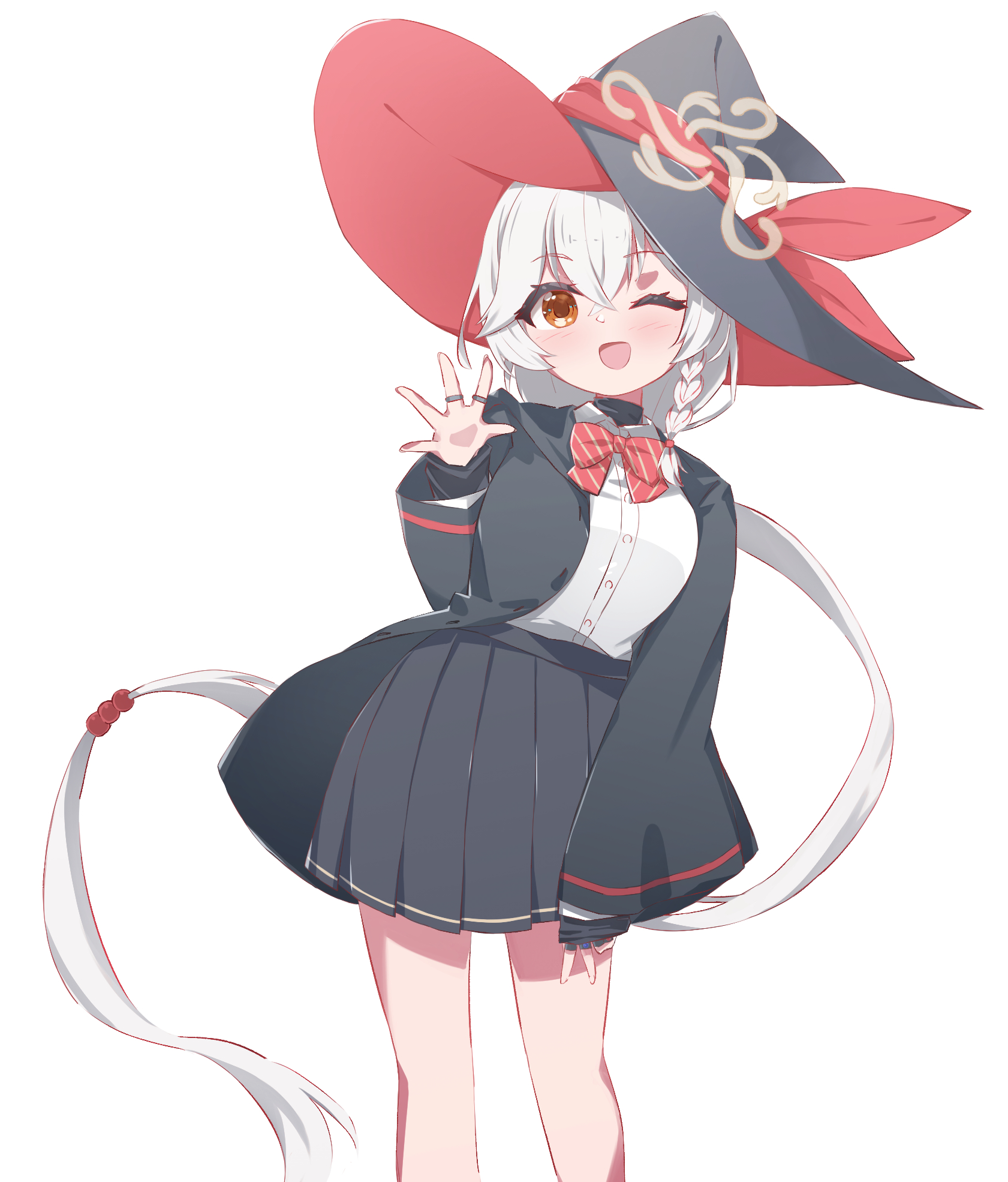 flyingkite, eri (blue archive), blue archive, highres, 1girl, black skirt, blush, bow, braid, breasts, buttons, hat, jewelry, long hair, long sleeves, looking at viewer, medium breasts, one eye closed, open mouth, orange eyes, pleated skirt, red bow, ring, shirt, simple background, skirt, smile, solo, very long hair, white background, white hair, white shirt, wide sleeves, witch hat
