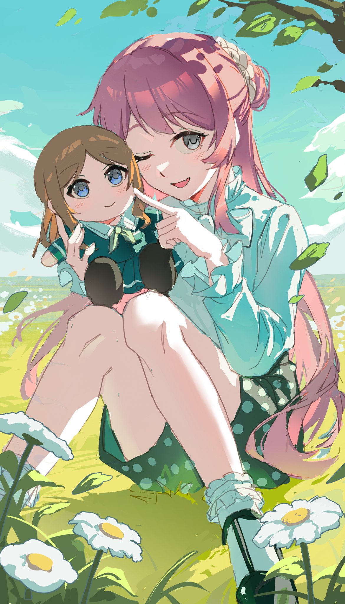 chihaya anon, nagasaki soyo, bang dream!, bang dream! it's mygo!!!!!, commentary, english commentary, highres, 1girl, black shorts, character doll, doll, falling leaves, fang, flower, leaf, long hair, miramaxwell, open mouth, outdoors, pink hair, shirt, shorts, sidelocks, sitting, socks, white shirt, white socks