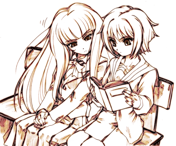 hisahiko, nagato yuki, suou kuyou, suzumiya haruhi no yuuutsu, 00s, 2girls, book, kouyouen academy school uniform, long hair, monochrome, multiple girls, orange theme, school uniform, very long hair