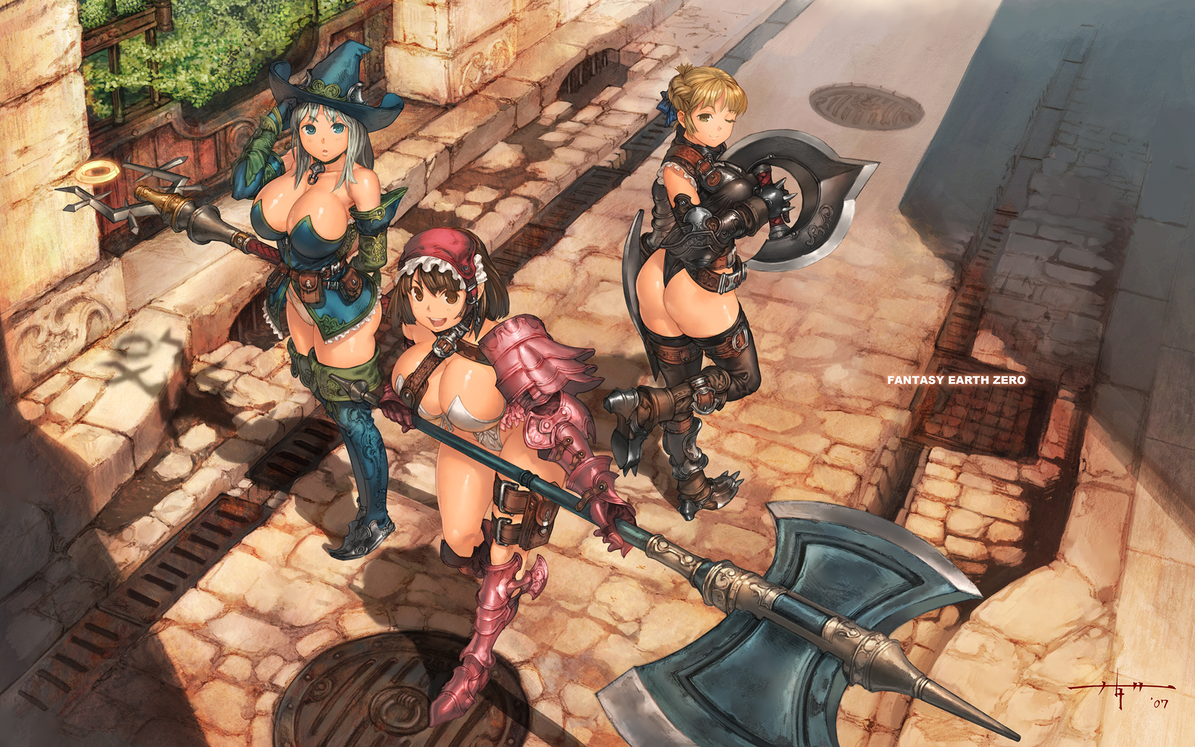 kanda (ura-kanda), warrior (fantasy earth), fantasy earth, fantasy earth zero, highres, 3girls, :d, :o, ;), adjusting clothes, adjusting headwear, arm behind back, armor, armored boots, ass, asymmetrical armor, axe, bare shoulders, battle axe, belt, bikini armor, black leotard, blonde hair, blue eyes, boots, bra, breasts, brown eyes, brown hair, buckle, bustier, chakram, cleavage, collar, copyright name, elbow gloves, elbow pads, frills, gauntlets, gloves, grate, greaves, hair ribbon, hairband, halberd, hat, holding, holding weapon, huge breasts, jewelry, knife, large breasts, leather, leather strap leg pouch, leotard, looking at viewer, looking back, multiple girls, no pants, one eye closed, open mouth, outdoors, panties, parted lips, pauldrons, pavement, pendant, plant, polearm, pouch, ribbon, ringed eyes, sewer grate, shadow, short hair, shoulder armor, smile, staff, standing, standing on one leg, strapless, sunlight, sunset, thigh boots, thigh strap, thighhighs, thong leotard, twilight, underwear, utility belt, walking, warrior, weapon, white bra, white hair, white panties, wink, witch, witch hat, yellow eyes
