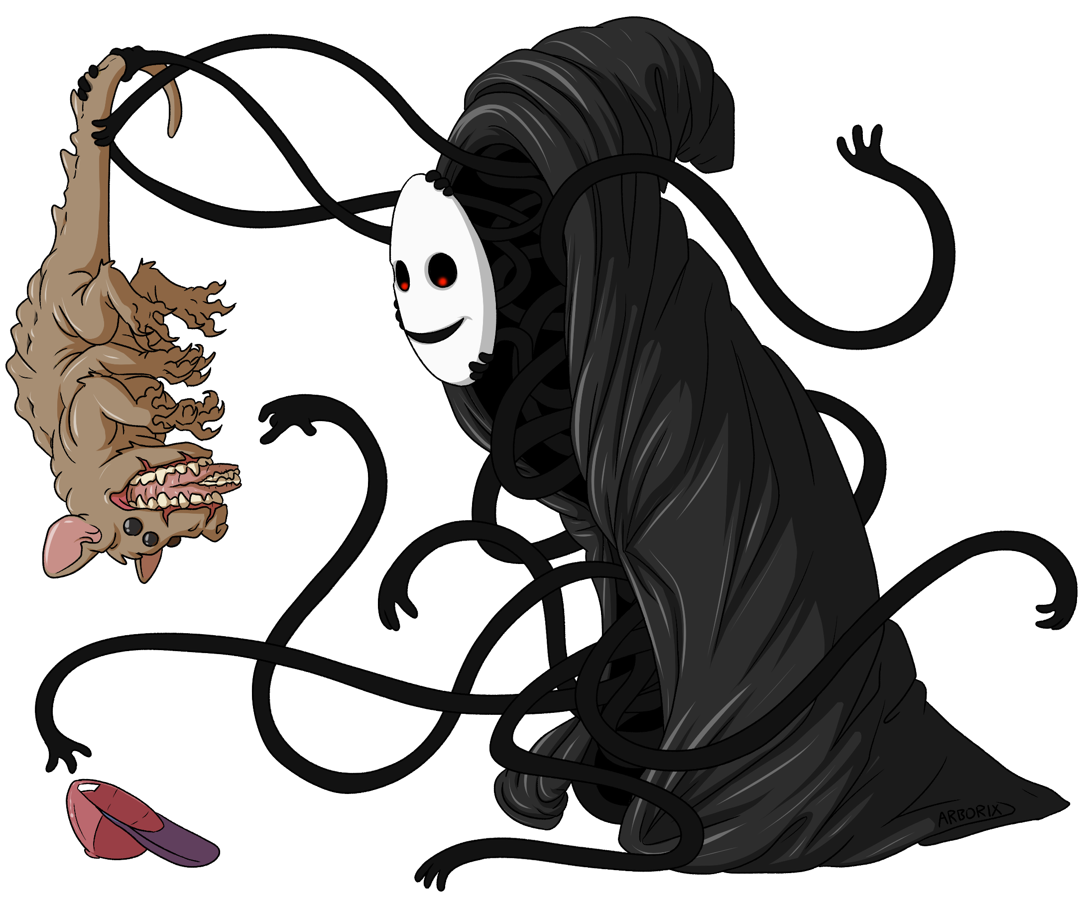 arborix, highres, 2others, animal, baseball cap, black robe, black sclera, colored sclera, extra eyes, extra legs, extra mouth, ghost, hat, holding, holding animal, holding mask, look outside, mask, mouse (animal), multiple others, no humans, other focus, rat child (look outside), red eyes, robe, sharp teeth, simple background, teeth, the shadow (look outside), white background