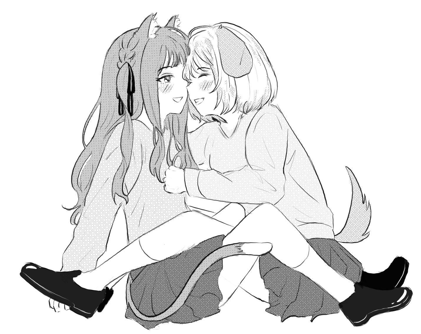 misumi uika, togawa sakiko, bang dream!, bang dream! it's mygo!!!!!, 2girls, animal ears, between legs, blush, cat ears, cat girl, cat tail, clenched teeth, closed eyes, dog ears, dog girl, dog tail, hair ribbon, kemonomimi mode, long hair, long sleeves, multiple girls, open mouth, pleated skirt, ribbon, short hair, sidelocks, skirt, sweater, tail, teeth, two side up, uikays, yuri