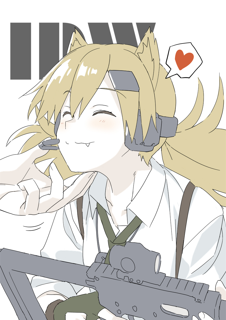 ningen (ningen96), idw (girls' frontline), girls' frontline, highres, 1boy, 1girl, blonde hair, blush, green necktie, gun, holding, holding gun, holding weapon, long hair, necktie, shirt, upper body, weapon, white background, white shirt