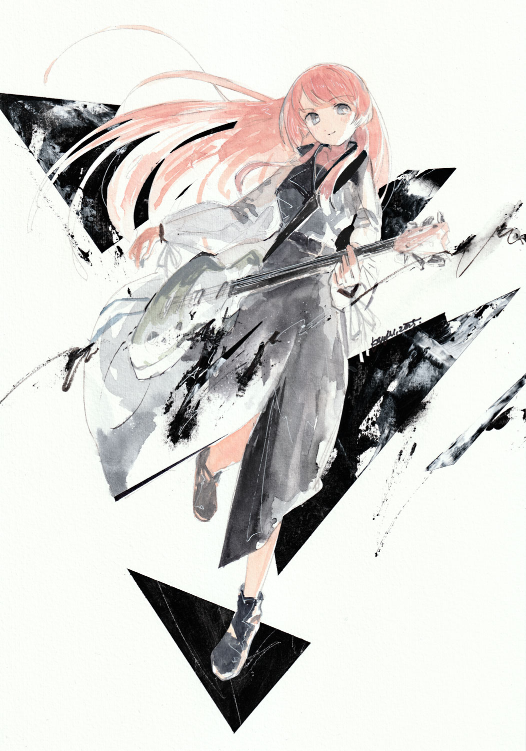 kushima yu, chihaya anon, bang dream!, bang dream! it's mygo!!!!!, highres, 1girl, black dress, closed mouth, dress, electric guitar, floating hair, full body, grey eyes, guitar, holding, holding guitar, holding instrument, instrument, long hair, long sleeves, pink hair, solo, white background
