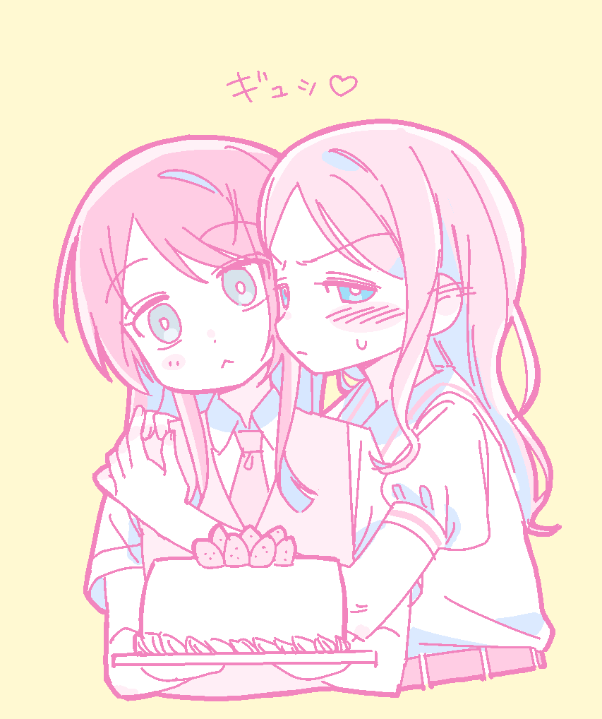 s0y0ring, chihaya anon, nagasaki soyo, bang dream!, bang dream! it's mygo!!!!!, commentary request, korean commentary, translation request, 2girls, :<, birthday cake, blue eyes, blush, cake, closed mouth, ear blush, food, grey eyes, haneoka school uniform, long hair, looking at viewer, multiple girls, pink hair, school uniform, short sleeves, sweatdrop, sweater vest, tsukinomori school uniform, yuri