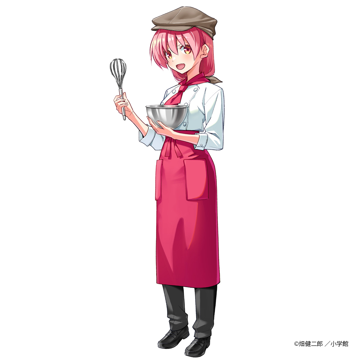 hata kenjirou, yuzaki tsukasa, tonikaku kawaii, commentary request, highres, second-party source, 1girl, apron, black pants, black shoes, bowl, brown hat, buttons, copyright notice, double-breasted, flat cap, full body, hat, holding, holding bowl, holding whisk, looking at viewer, neckerchief, open mouth, pants, pink apron, pink eyes, pink hair, pink neckerchief, shirt, shoes, simple background, smile, solo, standing, waist apron, whisk, white background, white shirt