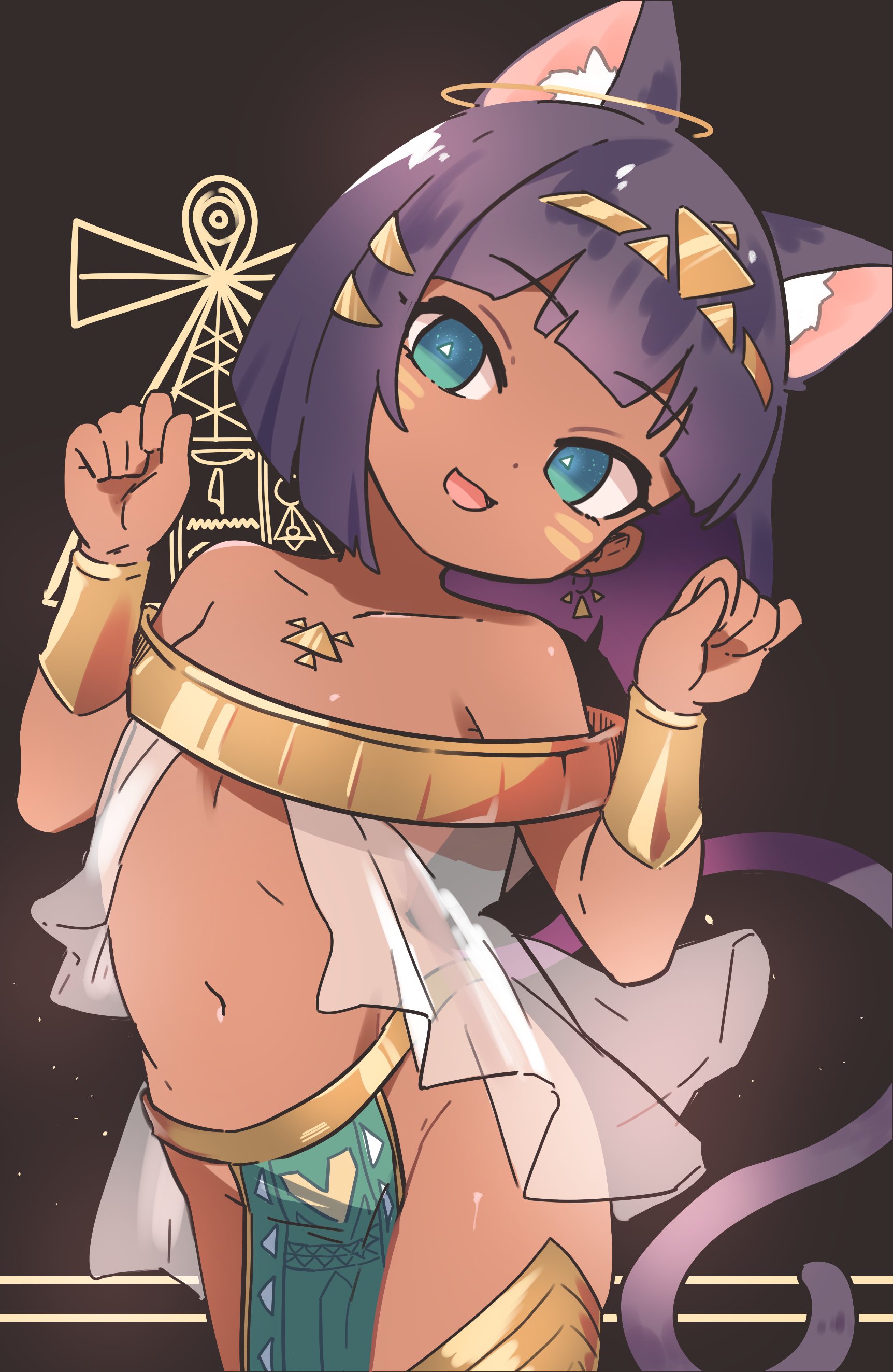 rotasu (rotasqqfv), bastet (mythology), egyptian mythology, original, absurdres, highres, 1girl, ancient egyptian, ancient egyptian clothes, animal ears, black hair, cat ears, cat girl, cat tail, dark-skinned female, dark skin, green eyes, hair ornament, jewelry, paw pose, simple background, solo, tail