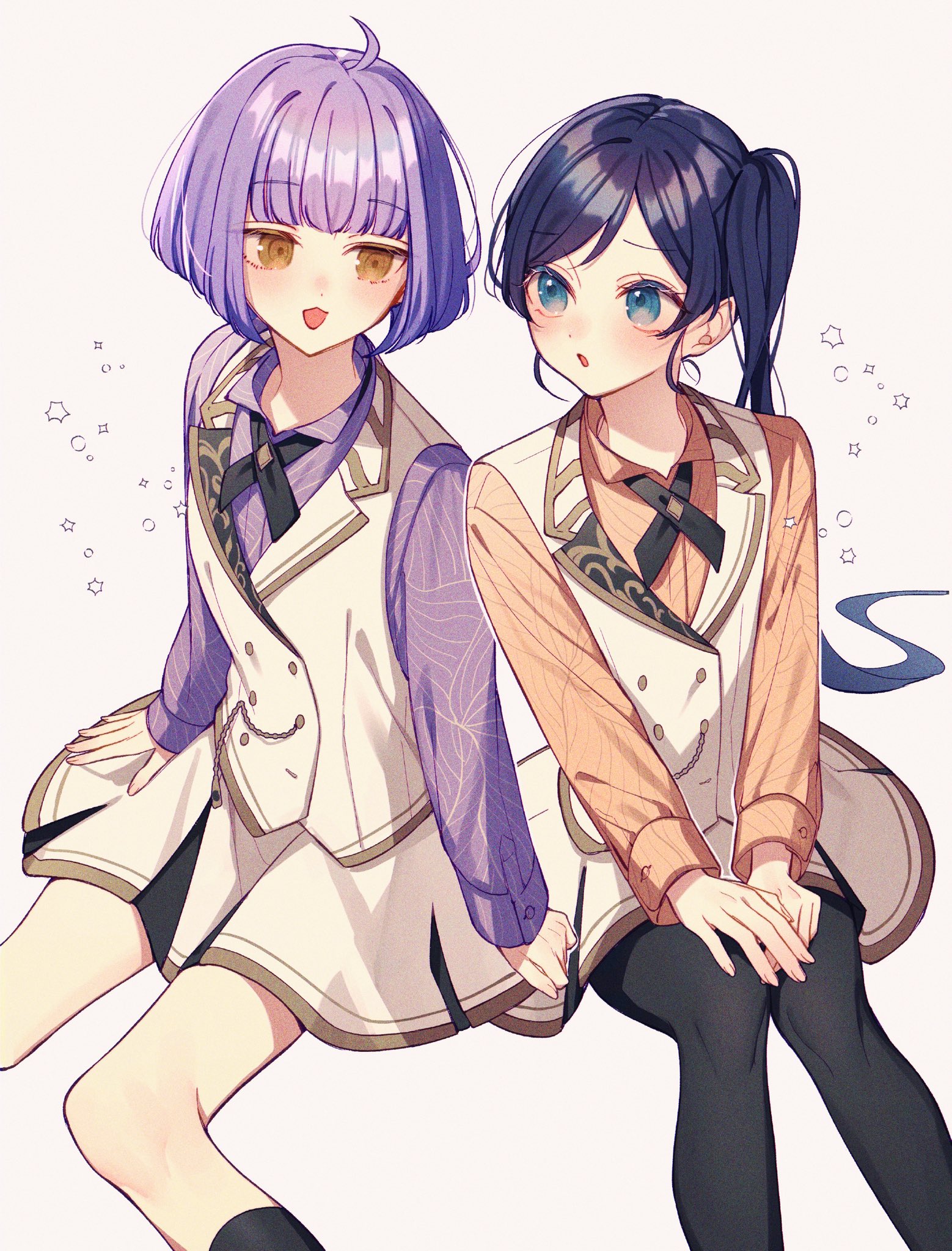 ametomea, tsukahara neko, tasokare hotel, commentary request, highres, 2girls, ahoge, black hair, black pantyhose, blue eyes, brown eyes, collared shirt, cross tie, grey background, long sleeves, multiple girls, open mouth, orange shirt, pantyhose, purple hair, purple shirt, ruri (tasokare hotel), shirt, short hair, simple background, skirt, smile, vest, white skirt, white vest