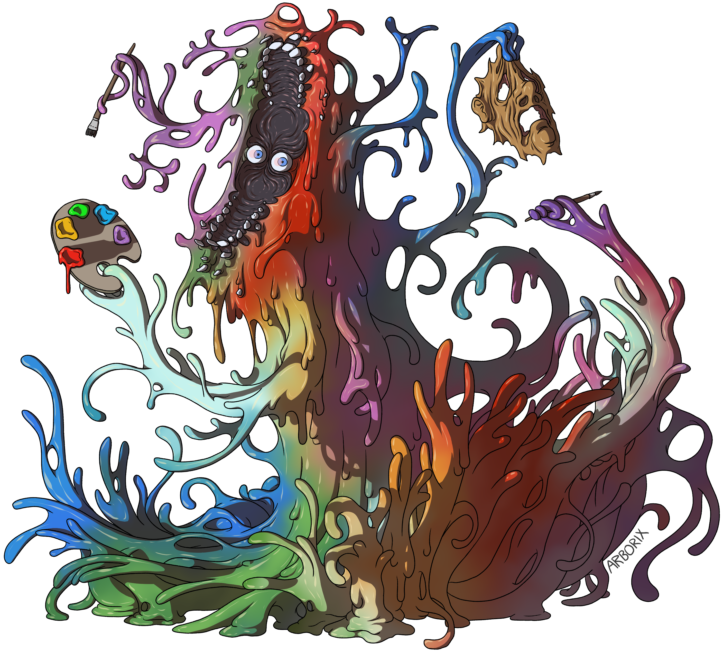 arborix, absurdres, commentary, english commentary, highres, 1boy, artist name, blue eyes, body horror, faceless, facetaker fred (look outside), holding, holding paint palette, holding paintbrush, horror (theme), look outside, male focus, monster, no humans, open mouth, paint, paint palette, paintbrush, simple background, teeth, white background