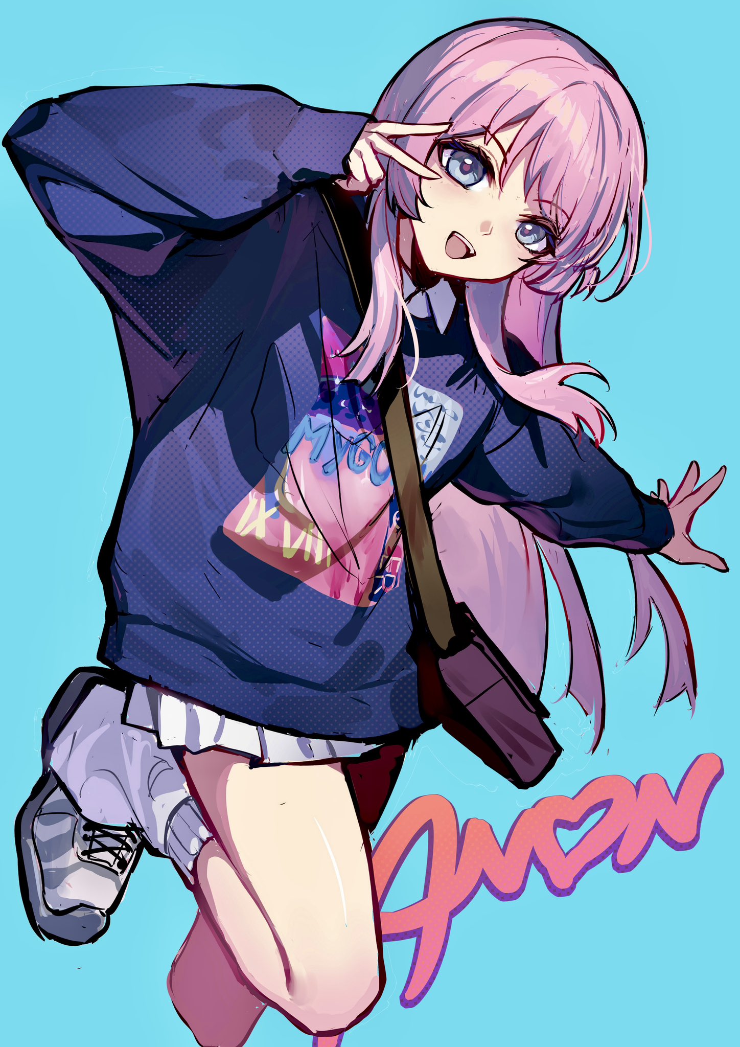 kather, chihaya anon, bang dream!, bang dream! it's mygo!!!!!, commentary, hashtag-only commentary, highres, 1girl, bag, black bag, blue background, blue sweater, character name, grey eyes, leg warmers, long hair, long sleeves, open mouth, pink hair, shoulder bag, simple background, skirt, solo, sweater, teeth, upper teeth only, v, white leg warmers, white skirt