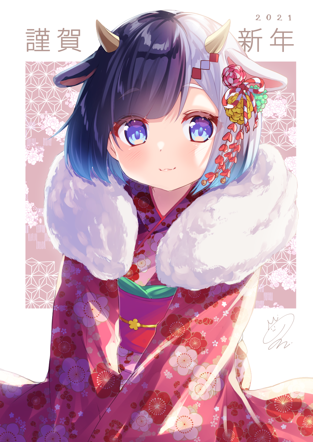 miyahana yu (artist), original, commentary request, highres, 1girl, 2021, :3, animal ears, black hair, blue eyes, blush, border, brown background, chinese zodiac, closed mouth, cow ears, cow girl, cow horns, floral print, floral print kimono, fur collar, hair ribbon, horns, japanese clothes, kimono, long sleeves, looking at viewer, new year, obi, outside border, print kimono, red kimono, red ribbon, red sash, ribbon, sash, short hair, smile, solo, upper body, white border, year of the ox, yellow horns