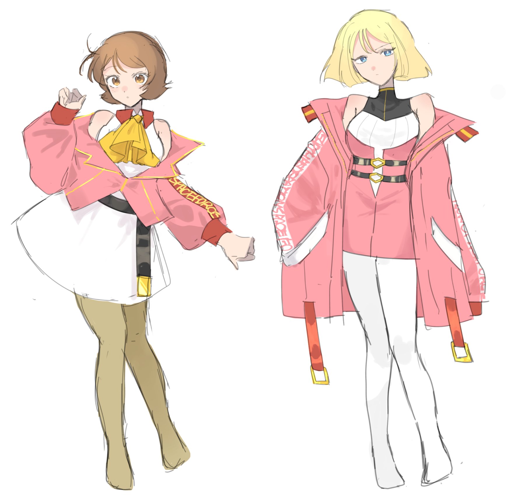 fraw bow, sayla mass, gundam, mobile suit gundam, commentary, highres, symbol-only commentary, 2girls, adapted costume, ascot, bare shoulders, belt, black belt, blonde hair, blue eyes, brown eyes, brown hair, brown leggings, closed mouth, collared dress, dress, full body, hand up, jacket, leggings, long sleeves, looking at viewer, multiple girls, off-shoulder jacket, off shoulder, okkt 2, open clothes, open jacket, pink dress, pink jacket, short hair, simple background, sleeveless, sleeveless dress, standing, white background, white dress, white leggings, wide sleeves, wing collar, yellow ascot