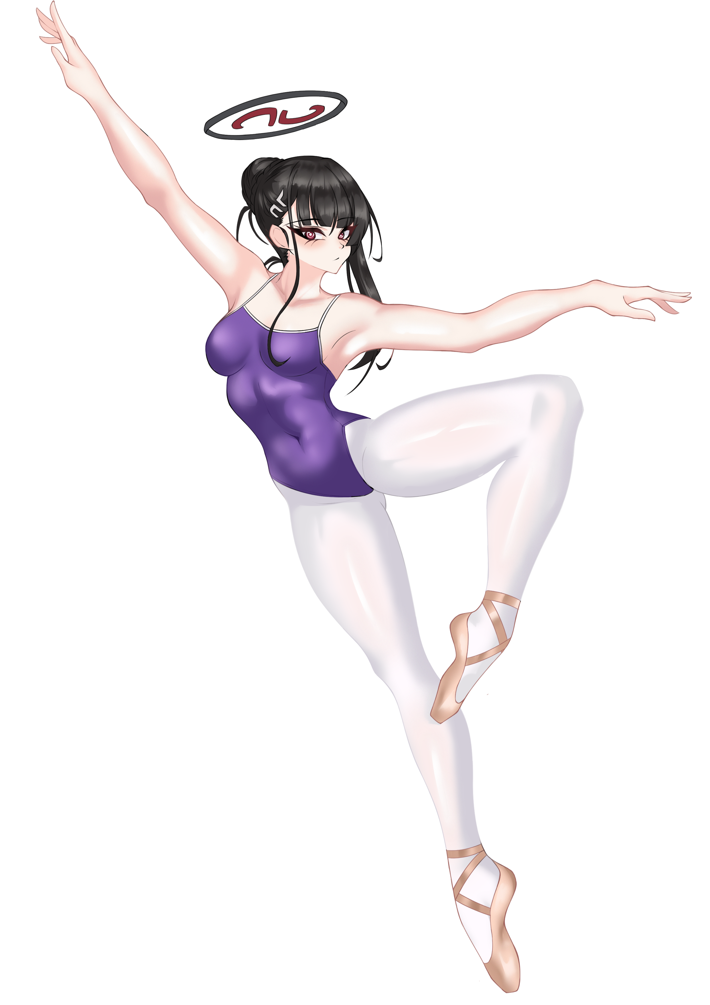 eclipse (njnr3787), rio (blue archive), blue archive, absurdres, commentary request, highres, 1girl, ballerina, ballet slippers, bare shoulders, black hair, blue leotard, blush, breasts, covered navel, dynamic pose, hair bun, halo, leg up, leotard, long hair, looking at viewer, outstretched arms, pantyhose, red eyes, ringed eyes, simple background, solo, white background, white pantyhose
