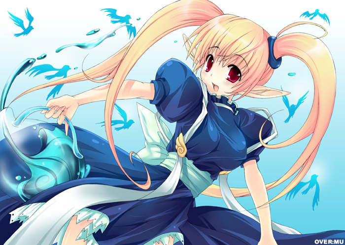 uemoto masato, 1girl, bird, blonde hair, breasts, female focus, large breasts, pointy ears, red eyes, solo, twintails