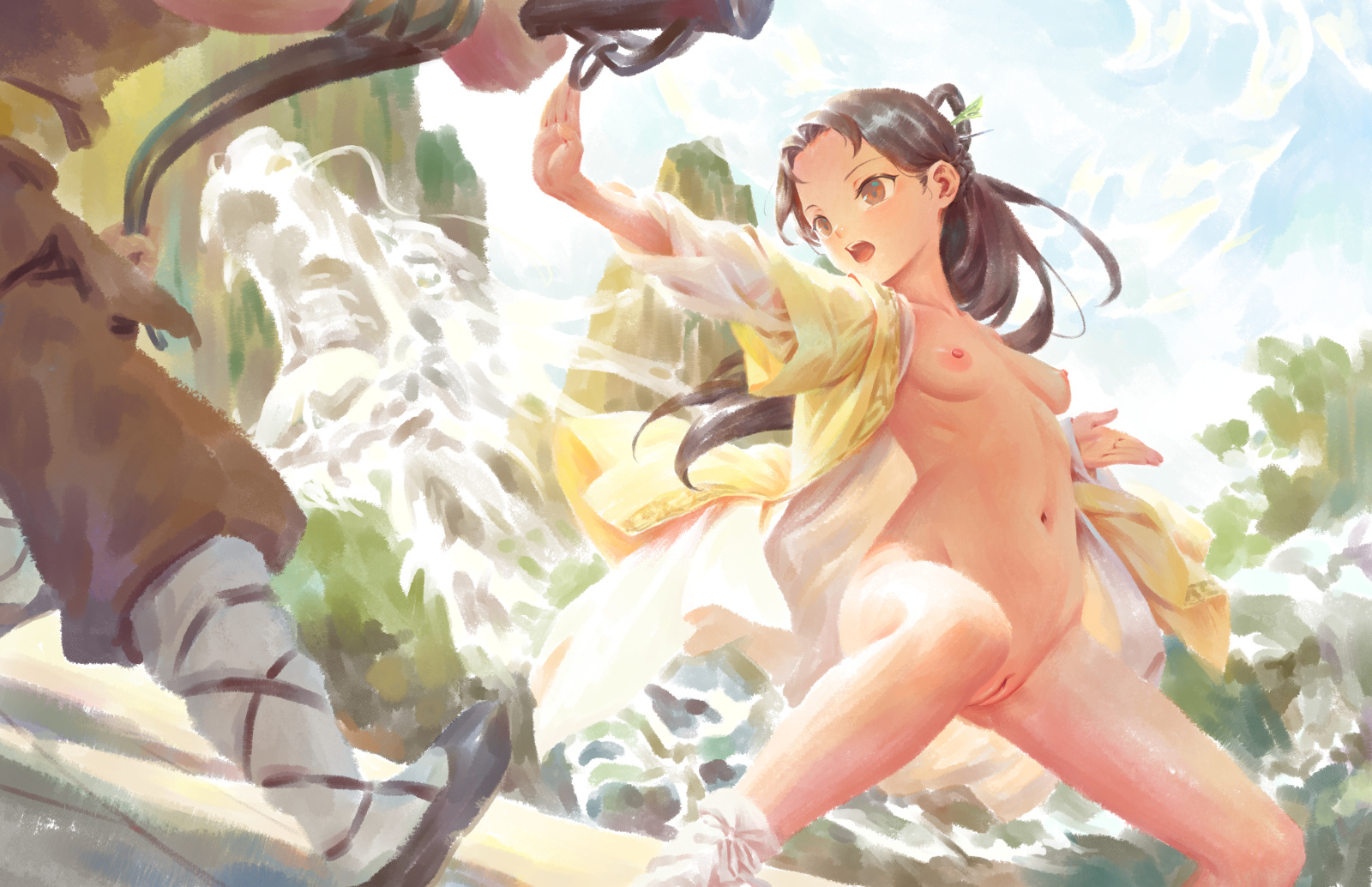 bigrbear, original, highres, 1boy, 1girl, black hair, blue sky, breasts, brown eyes, cloud, day, dragon, long hair, medium breasts, nipples, outdoors, pussy, sky, socks, uncensored, white socks
