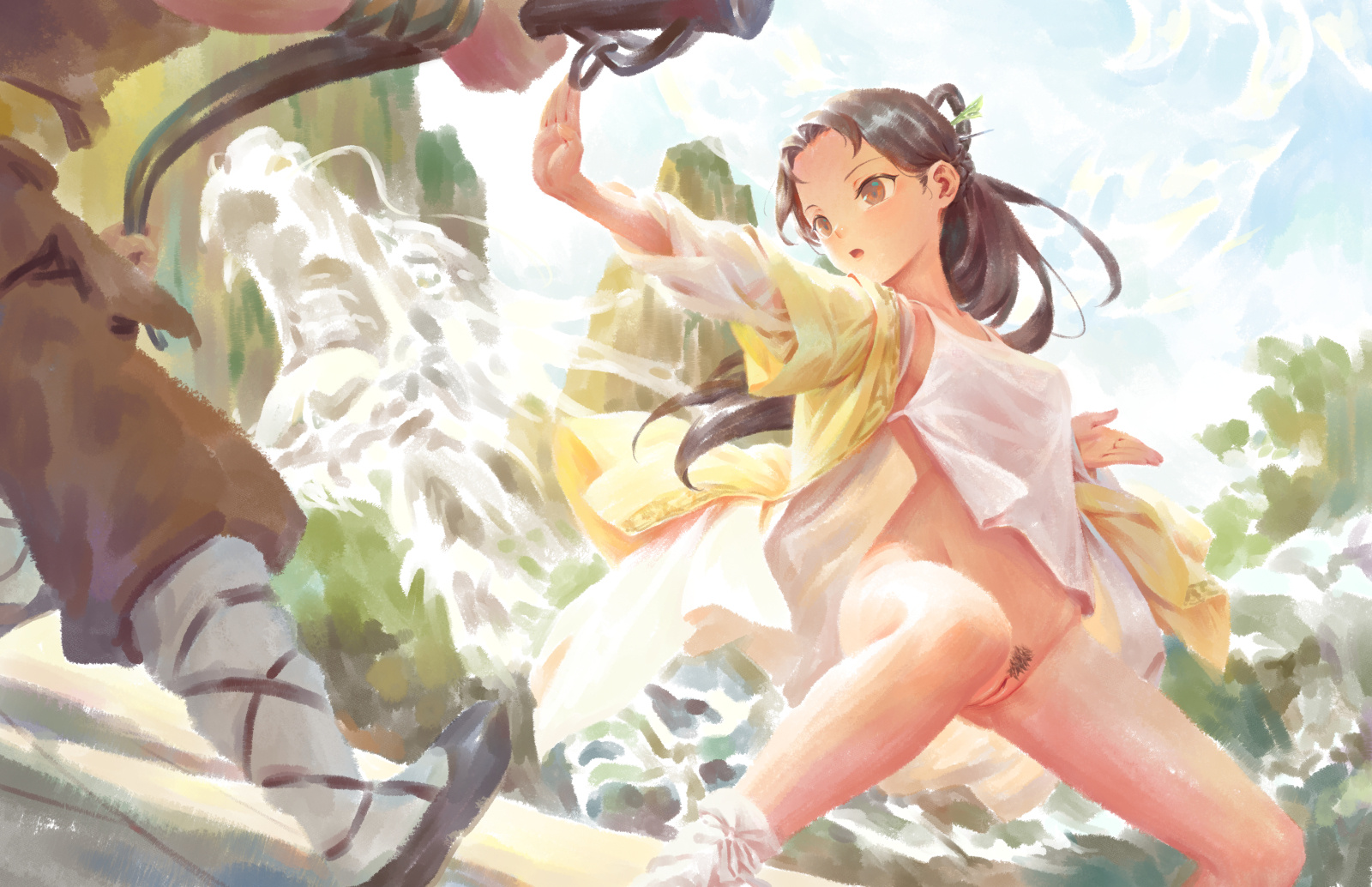 bigrbear, original, highres, 1boy, 1girl, black hair, black pubic hair, blue sky, breasts, brown eyes, cloud, day, dragon, female pubic hair, long hair, medium breasts, outdoors, pubic hair, pussy, shirt, sky, socks, uncensored, white shirt, white socks