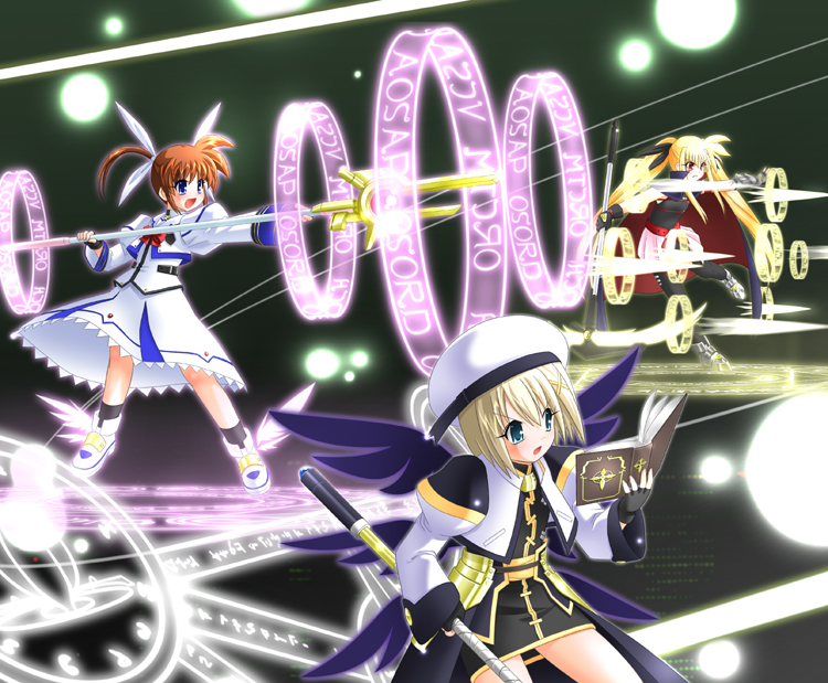 sumeragi kou, bardiche (haken form) (nanoha), bardiche (nanoha), fate testarossa, fate testarossa (lightning form), raising heart, raising heart (buster mode), schwertkreuz, takamachi nanoha, takamachi nanoha (sacred mode), tome of the night sky, yagami hayate, lyrical nanoha, mahou shoujo lyrical nanoha, mahou shoujo lyrical nanoha a's, winged footwear, photoshop (medium), 00s, 3girls, alternate hair color, belt, blonde hair, blue eyes, bow, brown hair, cape, fingerless gloves, gloves, hair ornament, hat, jacket, long skirt, magazine (weapon), magic circle, magical girl, multiple girls, open clothes, open jacket, purple eyes, red bow, red eyes, red hair, shoes, skirt, thighhighs, twintails, unison (nanoha), waist cape, white hair, wings, x hair ornament