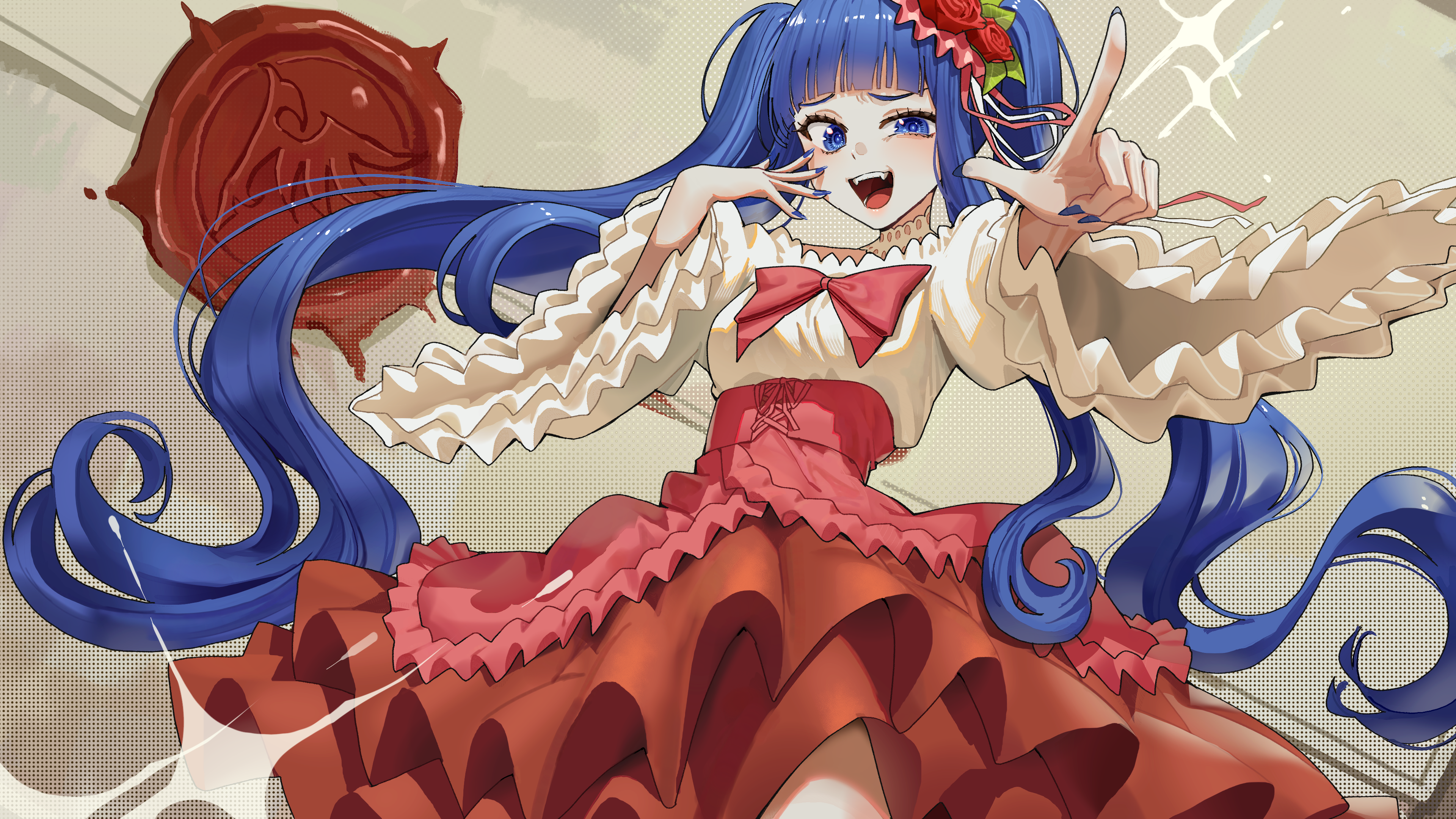 goback, furudo erika, umineko no naku koro ni, absurdres, highres, 1girl, blue eyes, blue hair, blue nails, blush, bow, bowtie, breasts, flower, frilled shirt, frilled skirt, frills, hair flower, hair ornament, long hair, long sleeves, looking at viewer, medium breasts, nail polish, open mouth, outstretched arm, red bow, red skirt, shirt, skirt, smile, solo, twintails, very long hair, white shirt