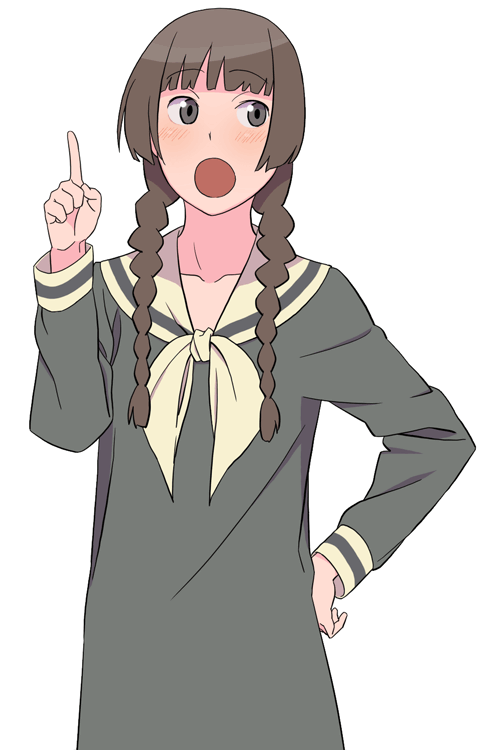 yoshitaka, shimazu yoshino, maria-sama ga miteru, looking away, 00s, 1girl, blunt bangs, blush, braid, brown eyes, brown hair, collarbone, dress, female focus, grey eyes, hair over shoulder, hand on own hip, hand up, hime cut, index finger raised, long sleeves, looking at viewer, looking to the side, open mouth, sailor collar, sailor dress, school uniform, serafuku, simple background, solo, twin braids, white background