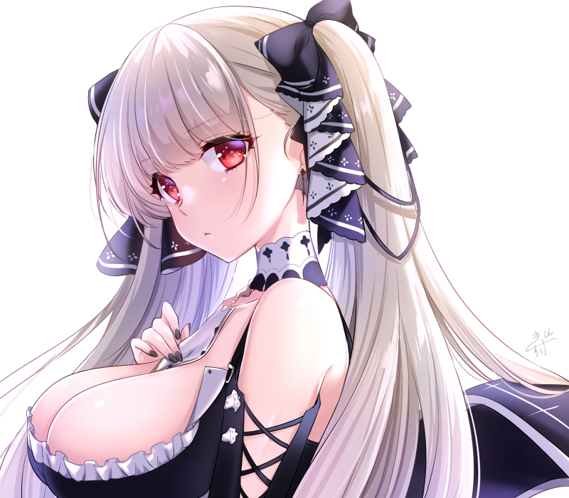 miyahana yu (artist), formidable (azur lane), azur lane, commentary request, 1girl, bare shoulders, black bow, black dress, black nails, blonde hair, bow, breasts, cleavage, closed mouth, dress, hair bow, hand up, large breasts, long hair, looking at viewer, nail polish, portrait, red eyes, signature, simple background, solo, twintails, white background