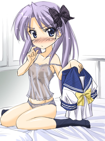 masakichi (crossroad), hiiragi kagami, lucky star, 00s, 1girl, bed, blue eyes, blush, bow, breasts, camisole, covered erect nipples, female focus, hair bow, lingerie, long hair, nipples, panties, purple hair, school uniform, see-through clothes, serafuku, sitting, small breasts, socks, solo, strap slip, underwear, underwear only, unworn clothes