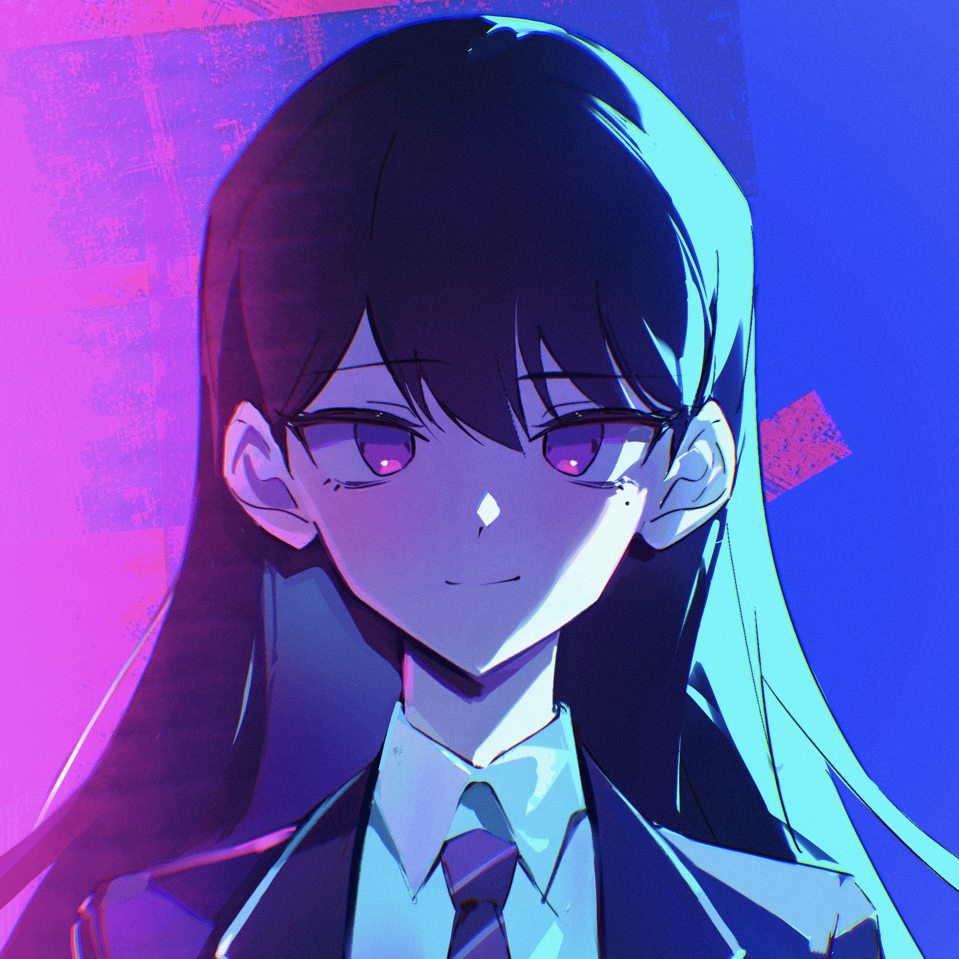 oulej79, shiina taki, bang dream!, bang dream! it's mygo!!!!!, chinese commentary, commentary request, highres, 1girl, black hair, black jacket, closed mouth, diagonal-striped clothes, diagonal-striped necktie, haneoka school uniform, jacket, long hair, mole, mole under eye, necktie, portrait, purple eyes, purple necktie, purple theme, school uniform, solo, striped clothes