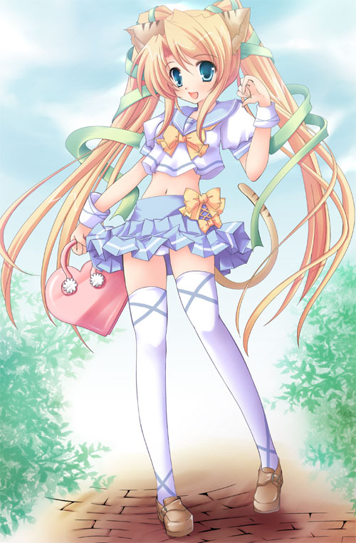hinata momo, original, 1girl, animal ears, bag, cat ears, crop top, crop top overhang, female focus, handbag, long hair, midriff, miniskirt, navel, open mouth, skirt, smile, solo, tail, thighhighs, twintails, wrist cuffs, zettai ryouiki