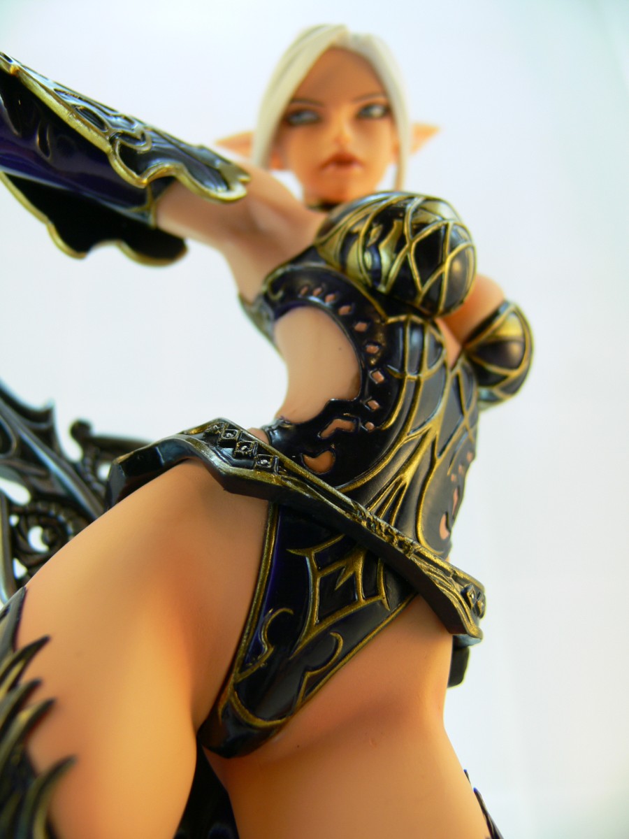 lineage, lineage 2, highres, photo (medium), 1girl, crotch, dark elf, detached sleeves, elf, female focus, figure, from below, pointy ears, solo
