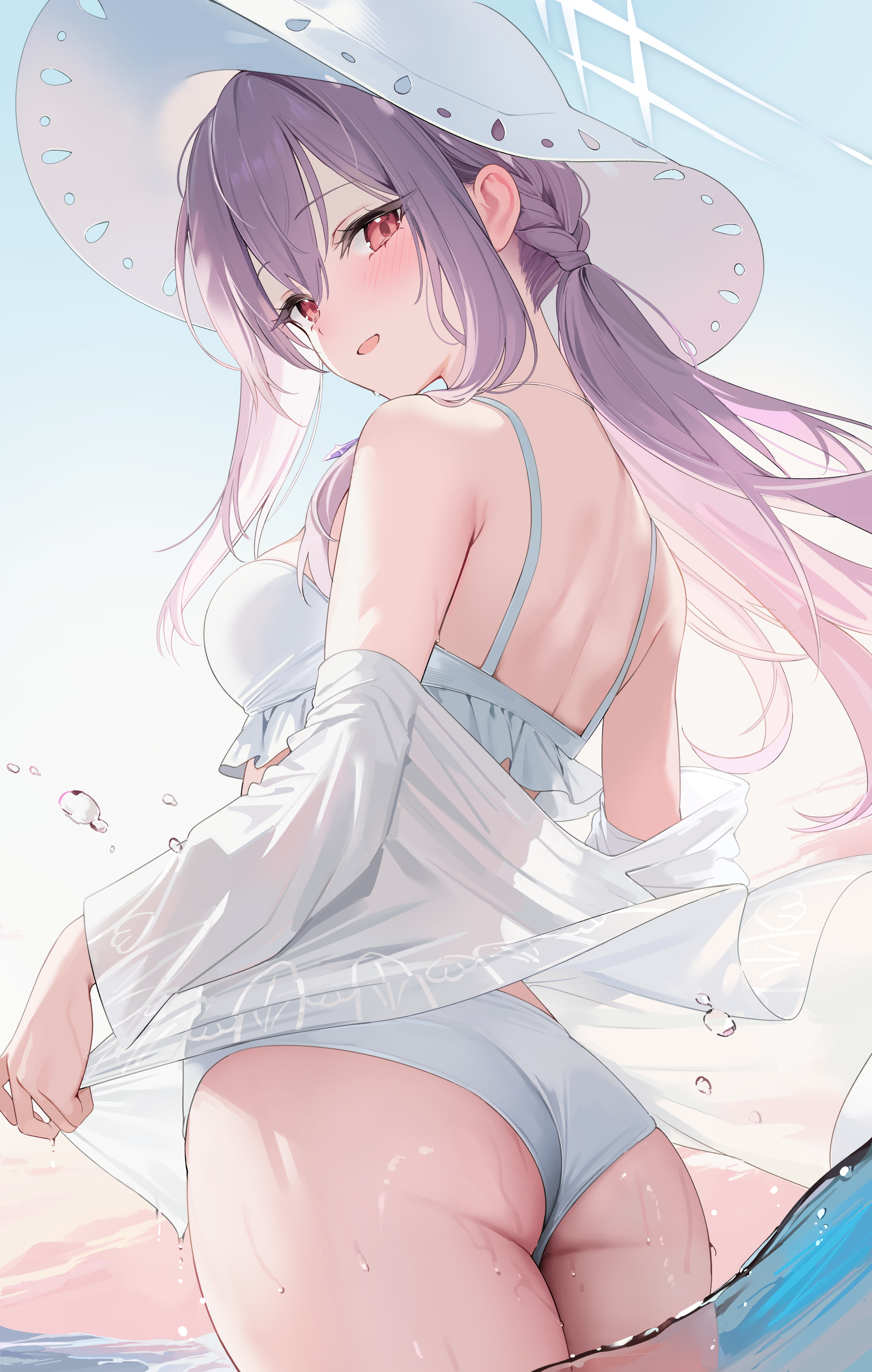 kawauchi (kaz7ry), atsuko (blue archive), atsuko (swimsuit) (blue archive), blue archive, absurdres, commentary request, highres, 1girl, ass, bare shoulders, bikini, blush, breasts, cowboy shot, cross halo, day, frilled bikini, frills, halo, hat, large breasts, long hair, looking at viewer, looking back, medium breasts, ocean, off shoulder, official alternate costume, official alternate hairstyle, open mouth, outdoors, partially underwater shot, purple hair, red eyes, see-through clothes, see-through shirt, shirt, sky, smile, solo, sun hat, swimsuit, thighs, wading, white bikini, white halo, white hat, white shirt