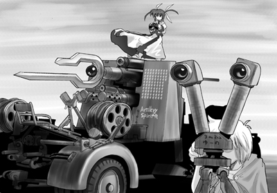 raising heart, takamachi nanoha, yuuno scrya, lyrical nanoha, mahou shoujo lyrical nanoha, lowres, 00s, 1boy, 1girl, artillery, binoculars, cape, greyscale, magical boy, magical girl, monochrome, twintails, white devil