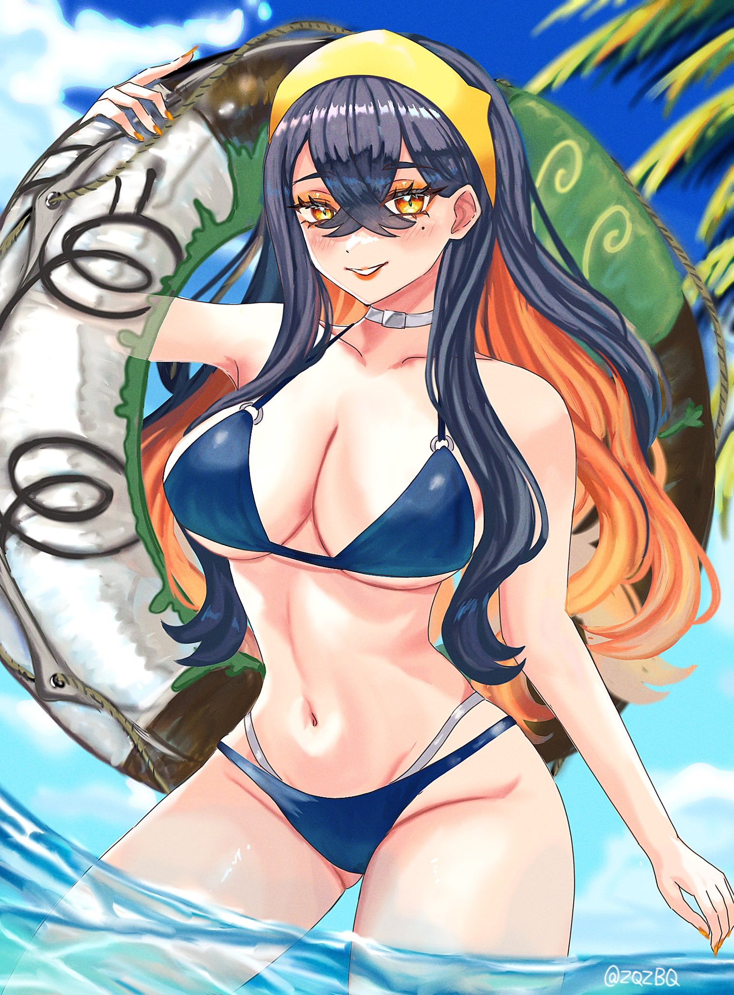 zqzbq, carmine (pokemon), nintendo, pokemon, pokemon sv, highres, 1girl, alternate costume, bare shoulders, bikini, black hair, blue bikini, blue sky, blush, breasts, choker, cleavage, cloud, collarbone, colored inner hair, crossed bangs, eyelashes, hair between eyes, hairband, holding, holding swim ring, innertube, large breasts, long hair, looking at viewer, mole, mole under eye, multicolored hair, navel, outdoors, palm tree, parted lips, red hair, sky, smile, stomach, swim ring, swimsuit, tree, two-tone hair, water, white choker, yellow eyes, yellow hairband