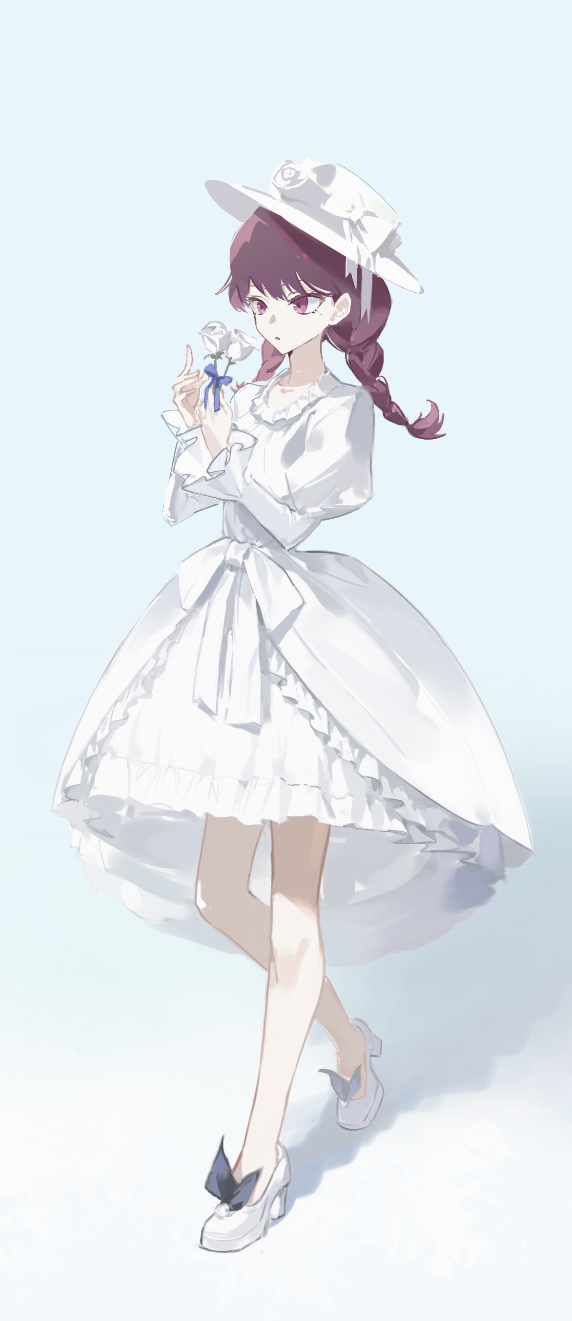 oulej79, shiina taki, bang dream!, bang dream! it's mygo!!!!!, absurdres, chinese commentary, commentary request, highres, 1girl, braid, brown hair, dress, flower, hat, holding, holding flower, juliet sleeves, long hair, long sleeves, mole, mole under eye, open mouth, puffy sleeves, purple eyes, solo, twin braids, white dress, white flower, white hat