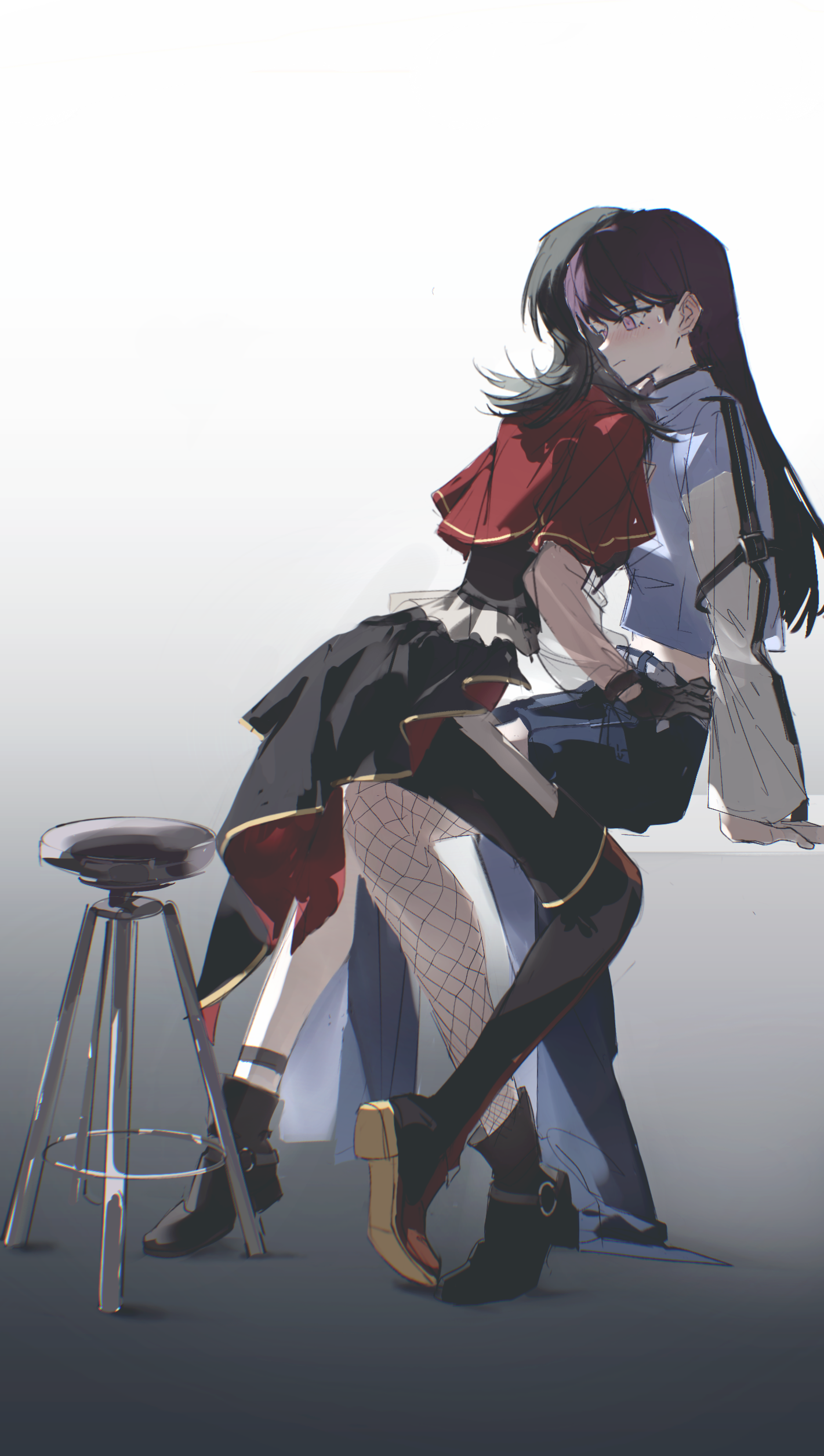 oulej79, shiina taki, timoris (bang dream!), yahata umiri, bang dream!, bang dream! it's mygo!!!!!, absurdres, chinese commentary, commentary request, highres, 2girls, black boots, black hair, black pants, blue jacket, boots, capelet, closed mouth, fishnet thighhighs, fishnets, gradient background, green eyes, hand on another's thigh, jacket, long hair, multiple girls, on lap, pants, purple eyes, purple hair, red capelet, single thighhigh, sitting, thigh boots, thighhighs, yuri