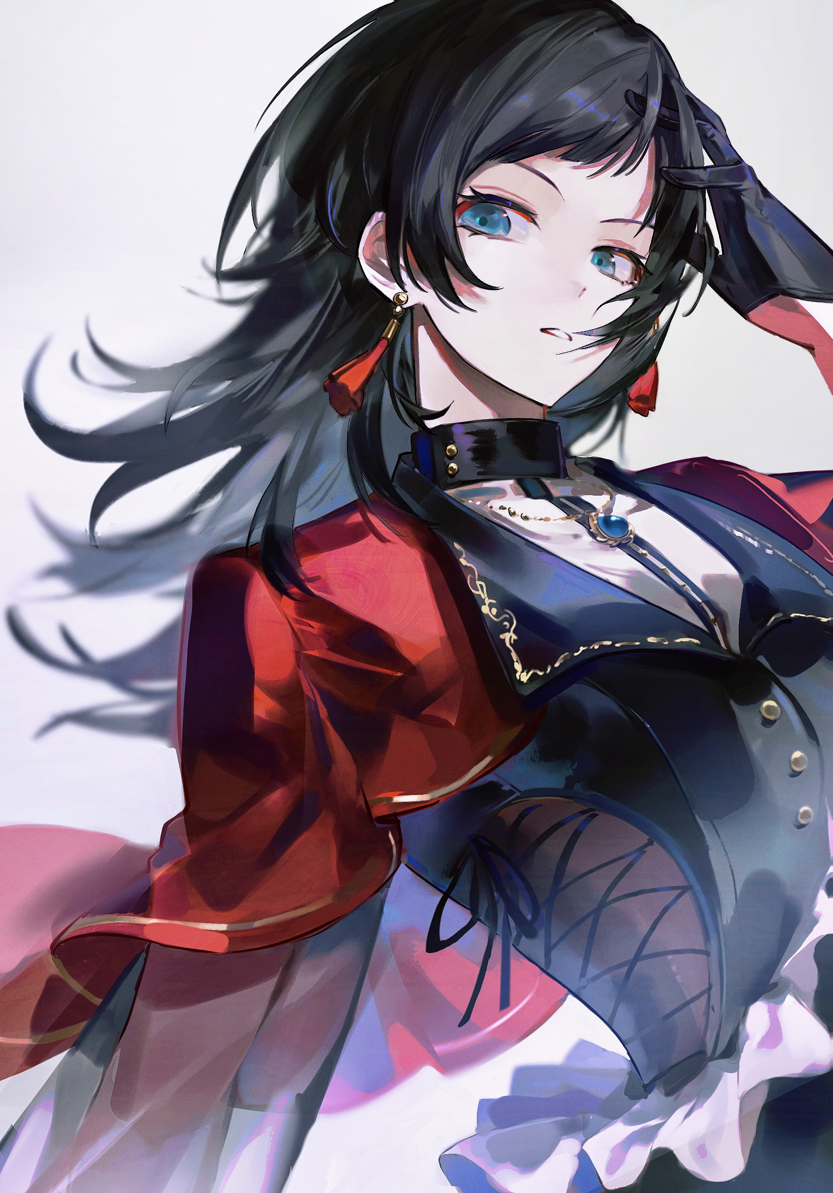 oulej79, timoris (bang dream!), yahata umiri, bang dream!, bang dream! it's mygo!!!!!, highres, 1girl, black hair, black vest, blue eyes, capelet, earrings, floating hair, hand in own hair, jewelry, long hair, long sleeves, open mouth, red capelet, solo, upper body, vest