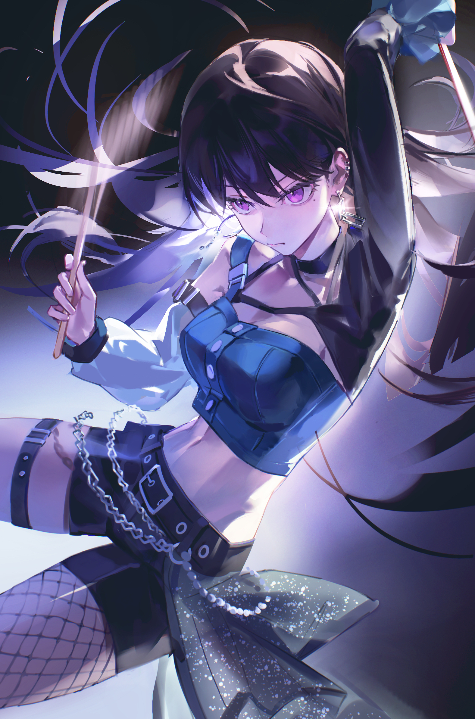 oulej79, shiina taki, bang dream!, bang dream! it's mygo!!!!!, commentary request, highres, 1girl, black hair, black shorts, blue shirt, breasts, cleavage, drumsticks, earclip, fishnet pantyhose, fishnets, glint, holding, holding drumsticks, long hair, long sleeves, medium breasts, midriff, navel, pantyhose, purple eyes, shirt, shorts, single leg pantyhose, solo, thigh strap