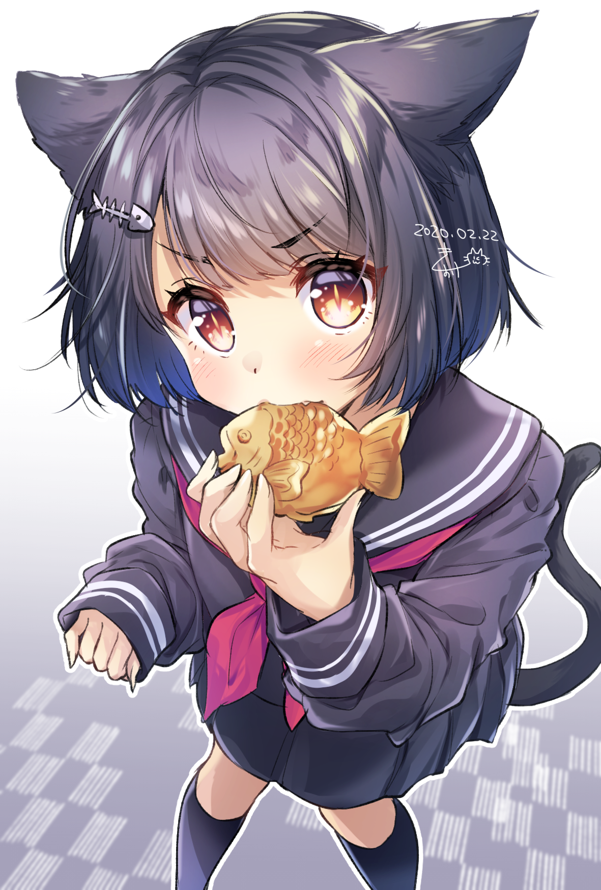 miyahana yu (artist), original, commentary, highres, 1girl, animal ears, black hair, black sailor collar, black serafuku, black shirt, black skirt, black socks, blush, cat day, cat ears, cat girl, cat tail, dated, eating, fang, feet out of frame, food, holding, holding food, long sleeves, looking at viewer, neckerchief, outline, pink neckerchief, pleated skirt, sailor collar, school uniform, serafuku, shirt, short hair, skirt, slit pupils, socks, solo, standing, tail, taiyaki, v-shaped eyebrows, wagashi, white outline, yellow eyes