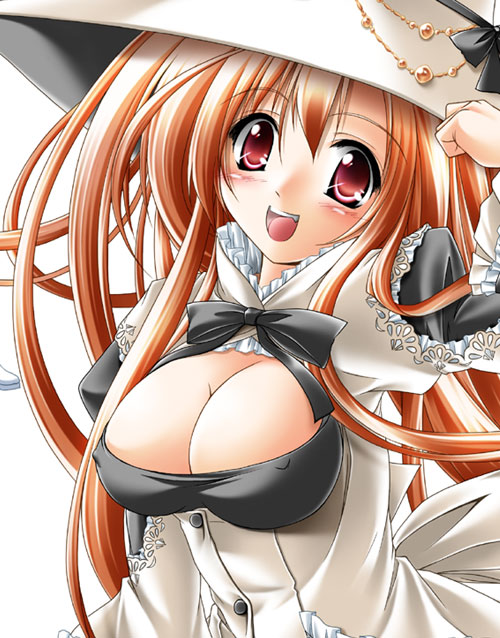 kamiya tomoe, 1girl, blush, breasts, cleavage, covered erect nipples, female focus, hat, huge breasts, long hair, open mouth, orange hair, red eyes, smile, solo, very long hair, witch hat