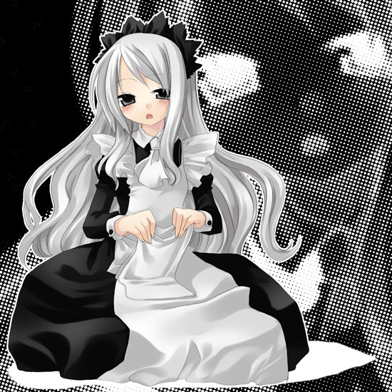 sazaki ichiri, 1girl, :o, apron, black dress, dress, female focus, full body, long hair, long sleeves, looking at viewer, maid, maid apron, maid headdress, open mouth, seiza, sitting, solo, very long hair, white hair, zoom layer