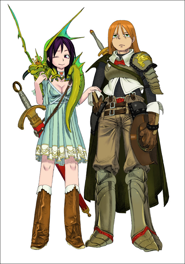 saitou naoki, original, 1boy, 1girl, armor, border, dragon, standing, sword, weapon
