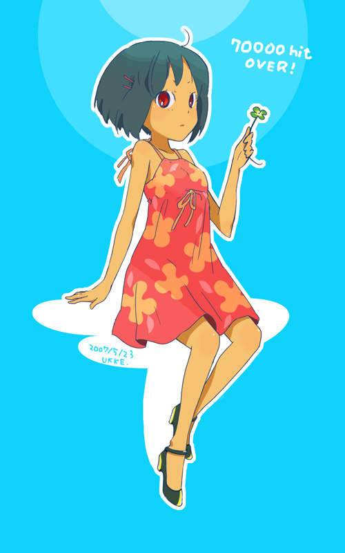 ukke, original, 1girl, animal, bare shoulders, black hair, blue background, bug, butterfly, butterfly on hand, dark-skinned female, dark skin, dress, female focus, floral print, insect, looking at viewer, red dress, red eyes, short hair, simple background, sleeveless, sleeveless dress, solo