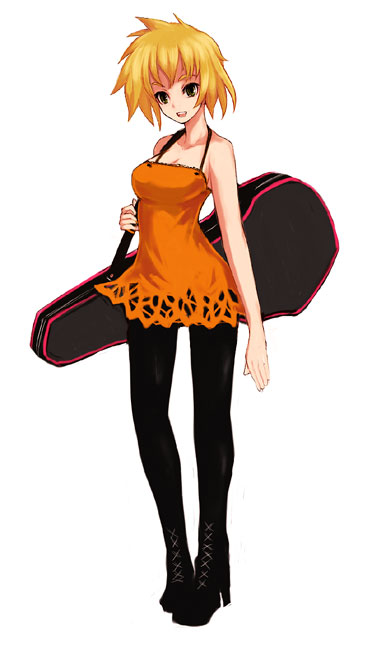 kara (color), original, blonde hair, boots, guitar case, high heels, instrument case, pantyhose, shoes, short hair, solo
