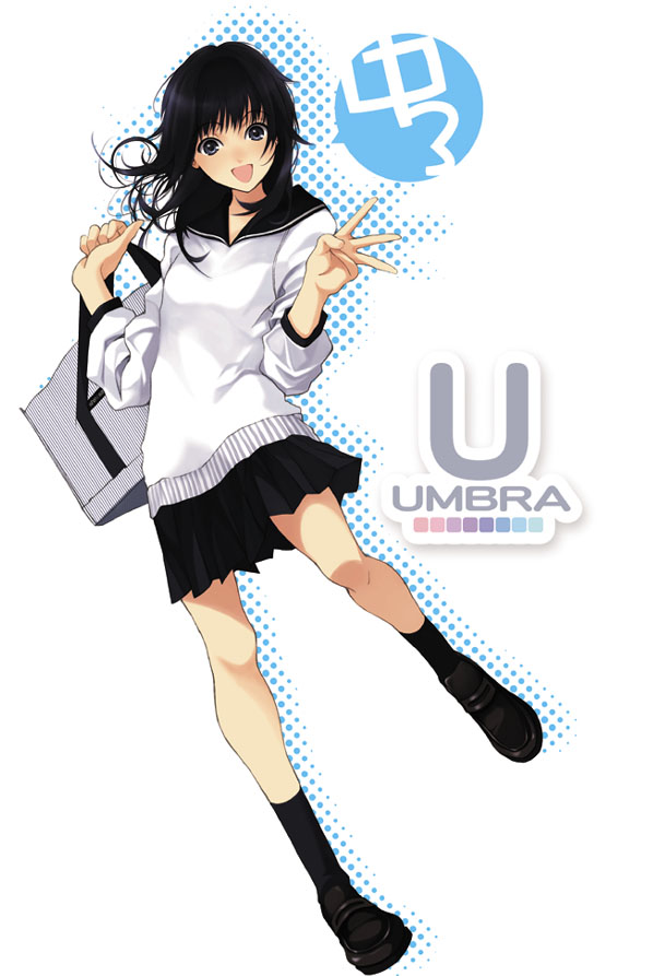 wakatsuki sana, original, 1girl, :d, bag, black eyes, black hair, black socks, female focus, halftone, halftone background, legs, loafers, open mouth, pleated skirt, school uniform, serafuku, shoes, skirt, smile, socks, solo, w