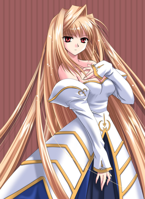 coupytwo, archetype earth, arcueid brunestud, tsukihime, 00s, 1girl, bare shoulders, blonde hair, dress, female focus, long hair, red eyes, solo, strapless, strapless dress