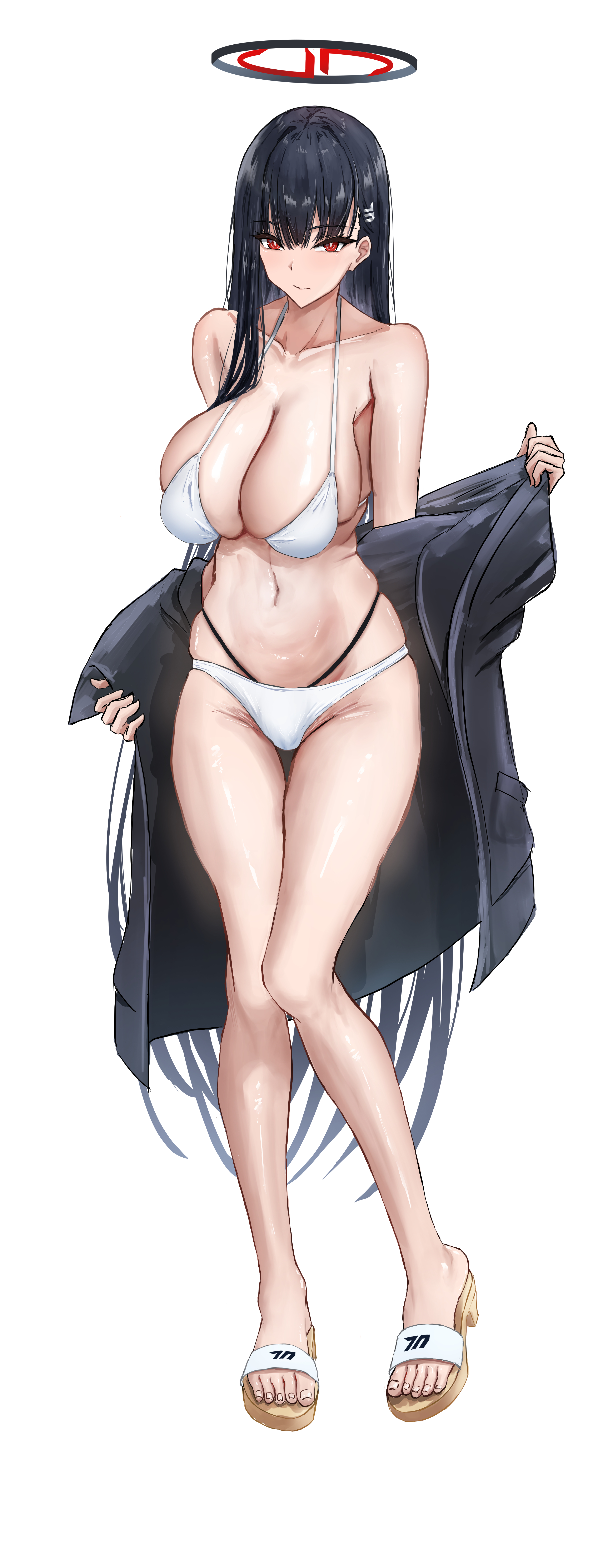 asao (asaomm12345), rio (blue archive), blue archive, absurdres, commentary request, highres, 1girl, bare shoulders, black hair, black jacket, breasts, cleavage, full body, hair ornament, hairclip, halo, jacket, large breasts, long hair, looking at viewer, navel, off shoulder, red eyes, sandals, simple background, solo, white background