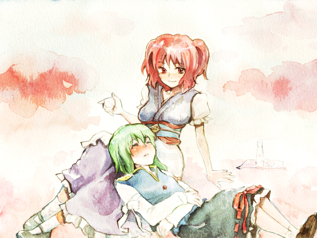 kuma (artist), kuma (crimsonvanilla), onozuka komachi, shiki eiki, touhou, 2girls, alcohol, blush, closed eyes, drunk, female focus, lap pillow, multiple girls, no headwear, red eyes, sake