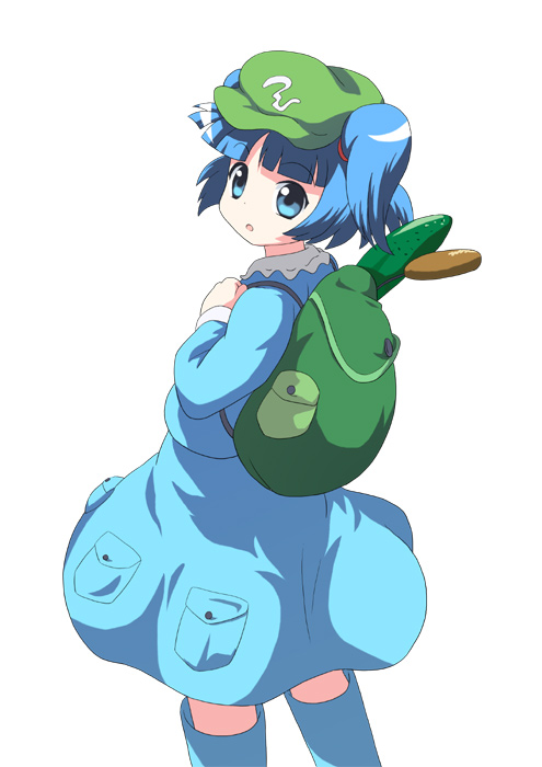 gahiro, sunviola, kawashiro nitori, touhou, 1girl, aqua eyes, backpack, bag, blue hair, boots, cattail, cucumber, female focus, hat, looking back, plant, pocket, rubber boots, simple background, solo, twintails, two side up