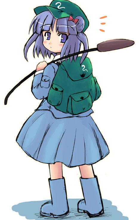 kurousou, kawashiro nitori, touhou, 1girl, backpack, bag, blue boots, blue eyes, blue hair, blush, boots, cattail, female focus, full body, green hat, hair bobbles, hair ornament, hat, looking back, matching hair/eyes, plant, rubber boots, simple background, skirt, solo, standing, two side up
