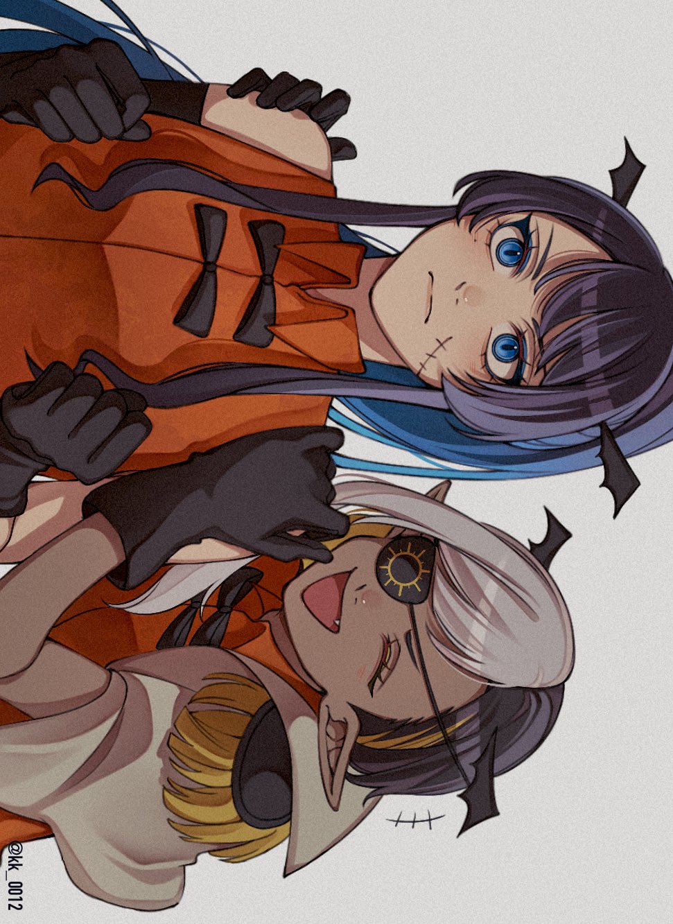keeko (kk 0012), chando (ado), lugosi (ado), romero (ado), ado (utaite), show (ado), commentary, highres, symbol-only commentary, 2girls, black gloves, black hair, blue hair, cosplay, elbow gloves, fang, gloves, grey background, long hair, multicolored hair, multiple girls, open mouth, orange shirt, ponytail, romero (ado) (cosplay), shirt, sideways, twitter username, two-tone hair, utaite, white hair
