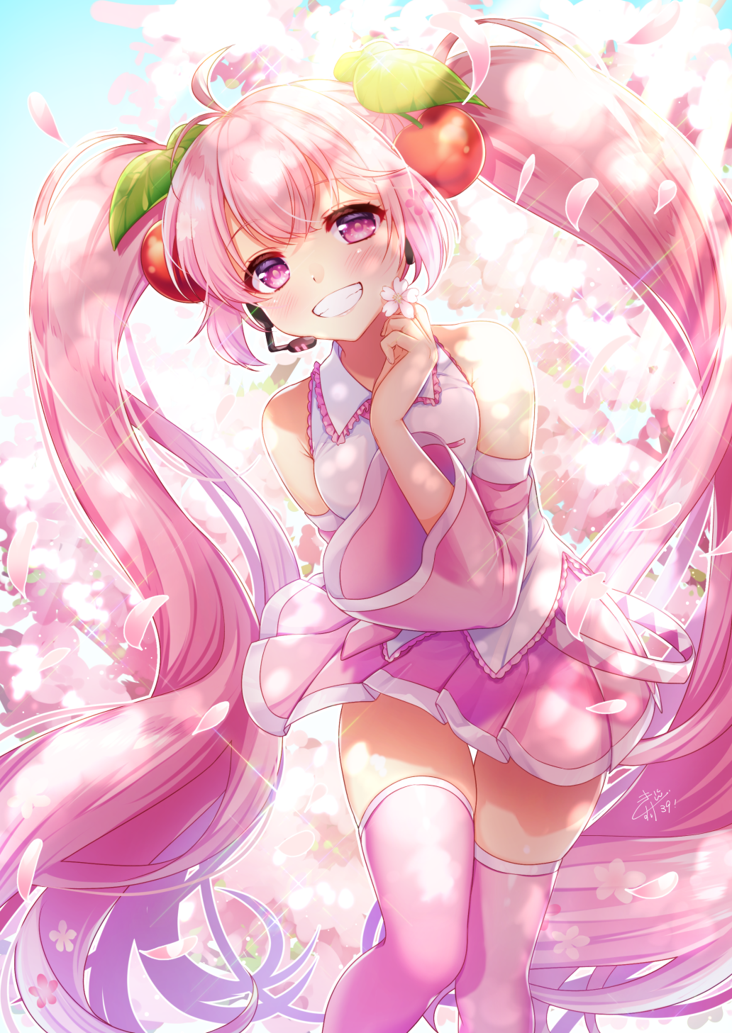 miyahana yu (artist), hatsune miku, sakura miku, vocaloid, commentary, highres, revision, 1girl, ahoge, cherry blossoms, cherry hair ornament, detached sleeves, falling petals, flower, food-themed hair ornament, grin, hair ornament, headset, long hair, looking at viewer, necktie, outdoors, petals, pink eyes, pink hair, pink skirt, pink sleeves, pink theme, pink thighhighs, pleated skirt, shirt, skirt, sleeveless, sleeveless shirt, smile, solo, standing, thighhighs, twintails, very long hair, white shirt
